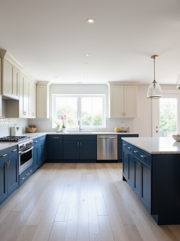 Modern kitchen featuring two-tone cabinets: creamy off-white uppers and navy blue lowers and island.