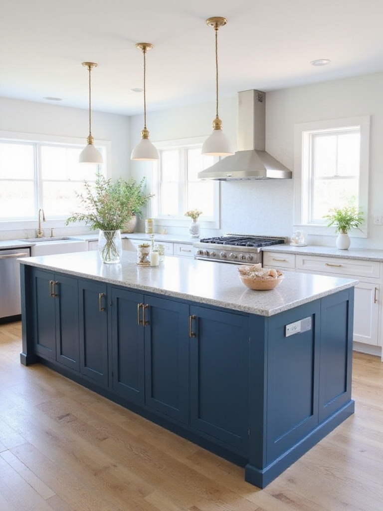 Modern kitchen with a two-toned island featuring navy blue base cabinets and white upper cabinets.