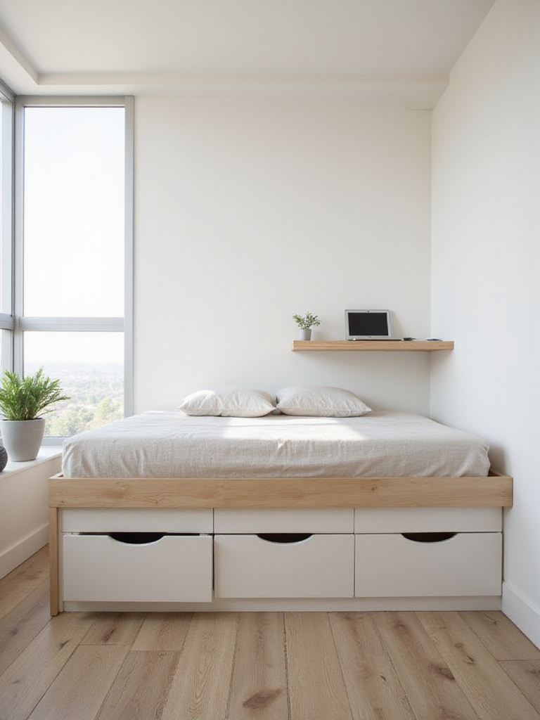 Small bedroom with storage bed and folding wall desk to maximize space.