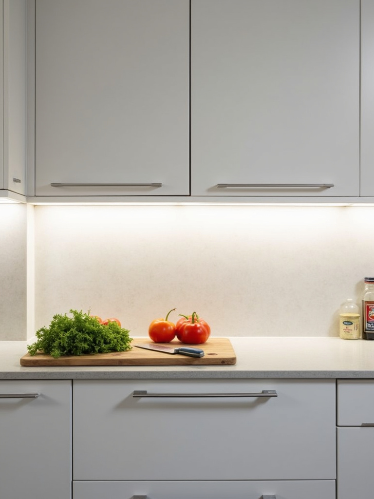 Modern kitchen with bright under-cabinet LED lighting illuminating the countertop for food preparation.