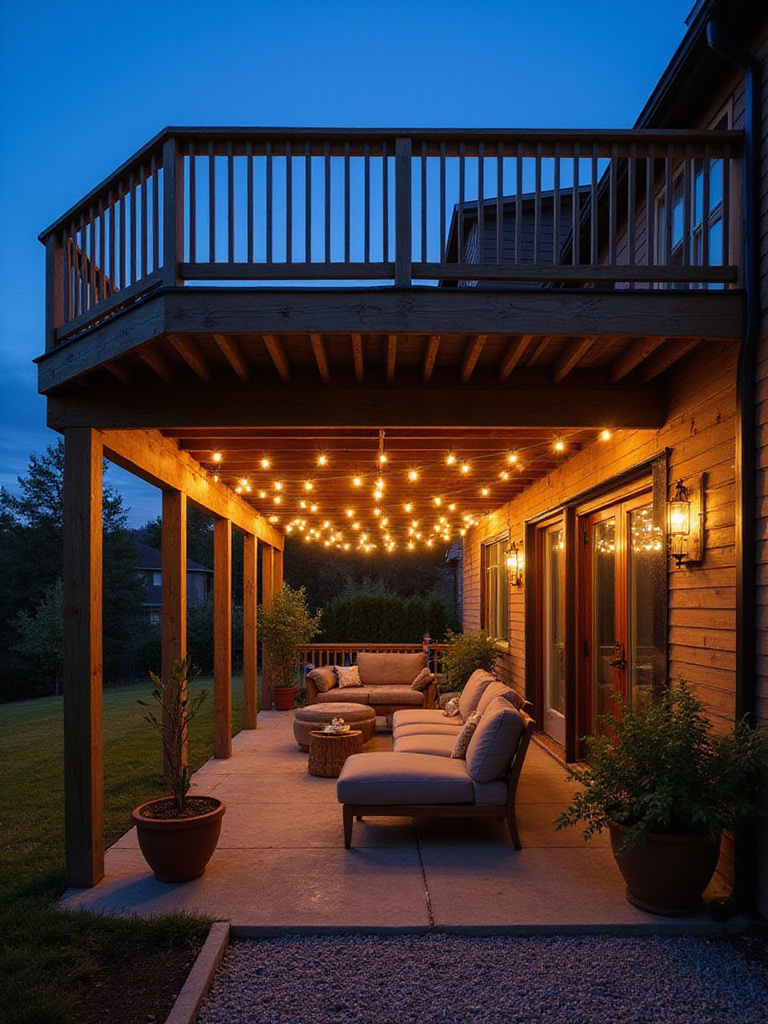Under-deck space transformed into a dry patio with seating and lighting.