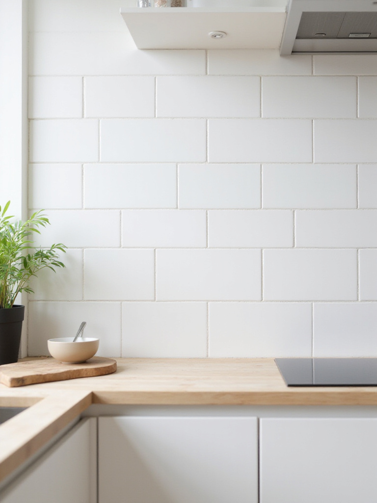 Scandinavian kitchen with white square tile backsplash and light wood countertop