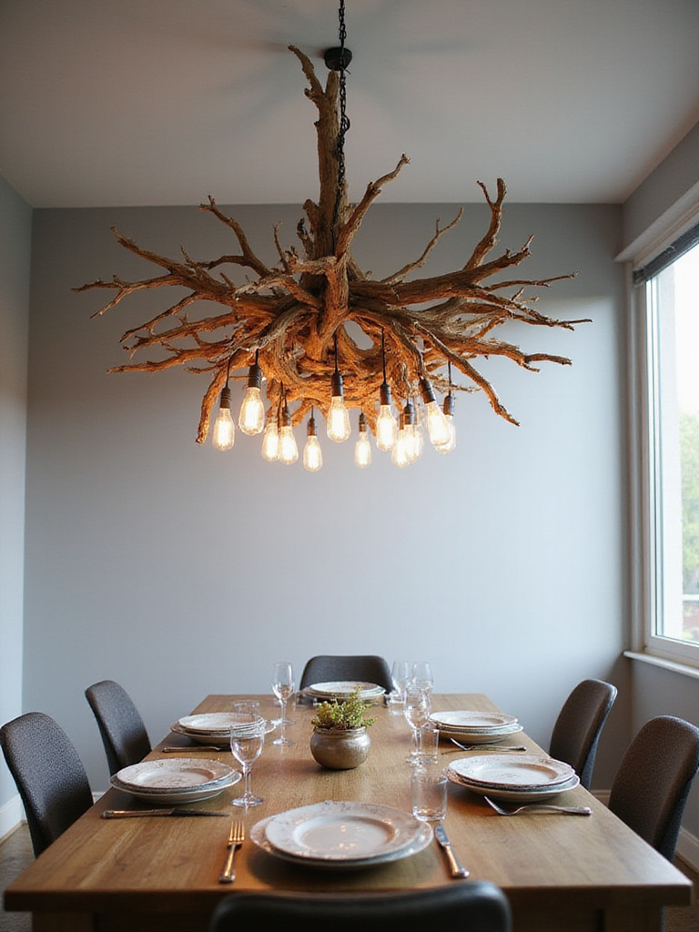 Dining room with a modern driftwood chandelier.