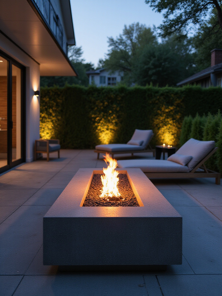 Modern backyard patio with a long, rectangular concrete firepit.