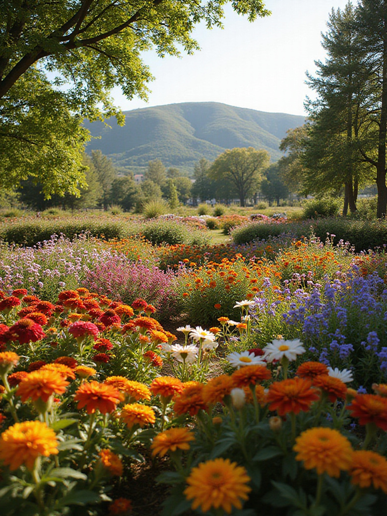 Colorful flower garden in full bloom with a diverse array of flower types