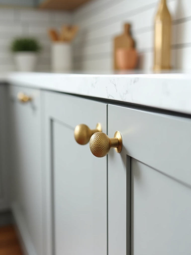Brushed brass cabinet pulls on light grey kitchen cabinets, showcasing a modern kitchen refresh.