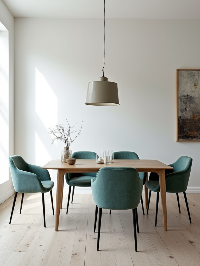 Contemporary dining room with teal upholstered dining chairs and a modern wood table