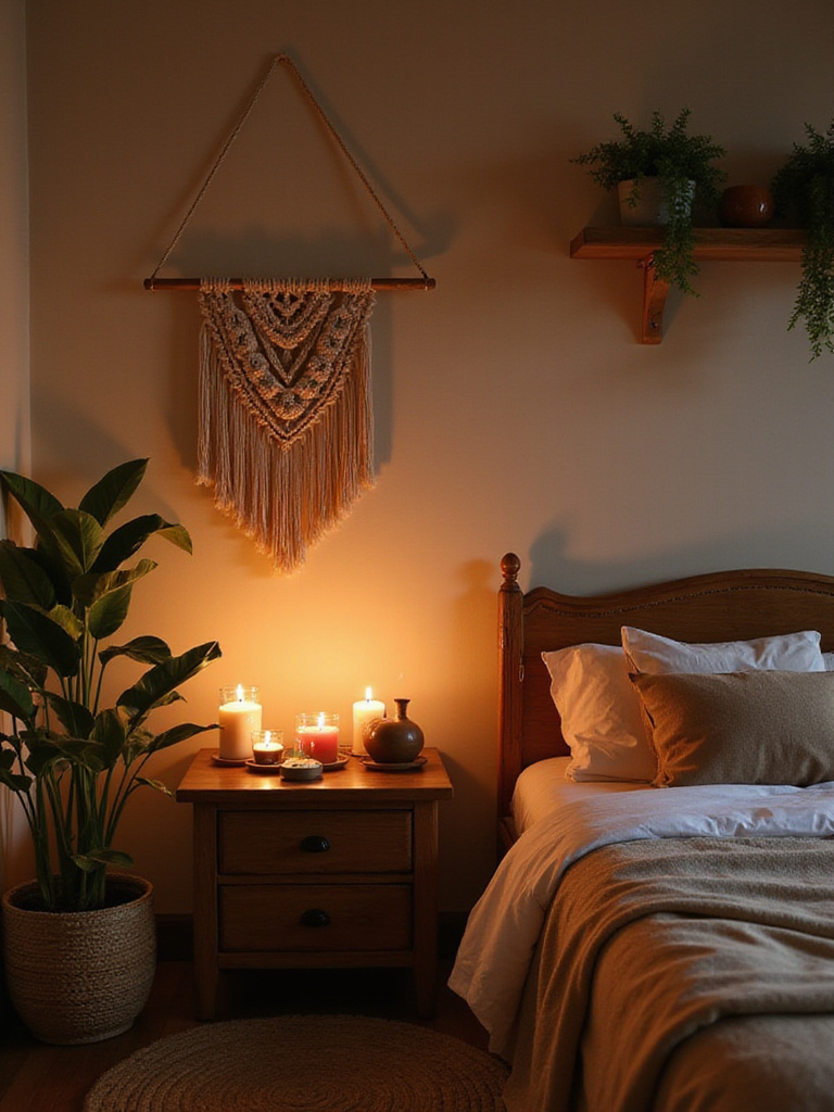 Boho bedroom with candles and incense creating a relaxing atmosphere