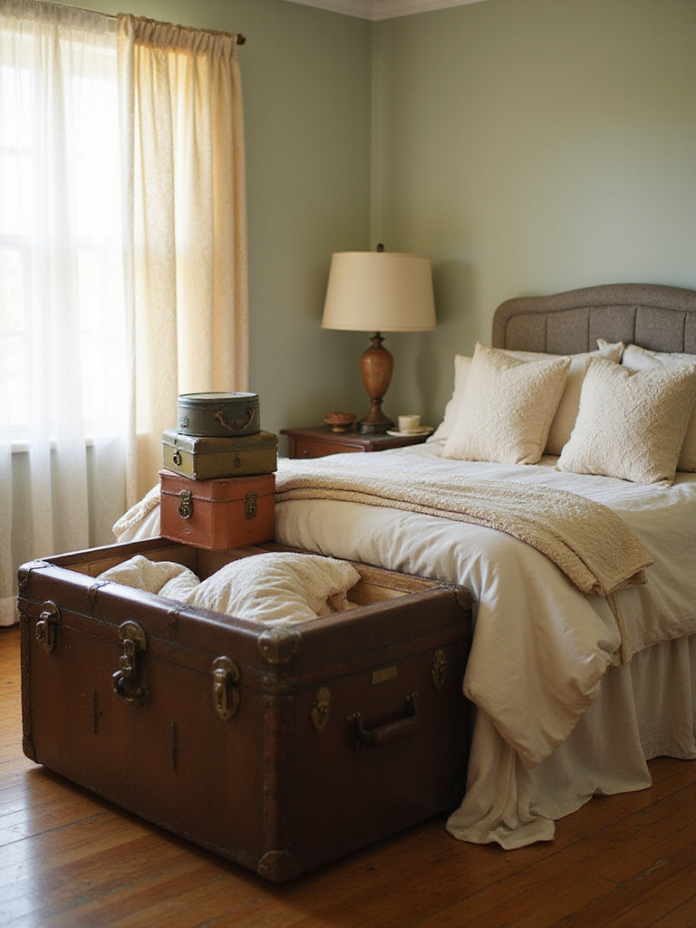 Vintage bedroom with steamer trunk at the foot of the bed and stacked hatboxes as a nightstand.
