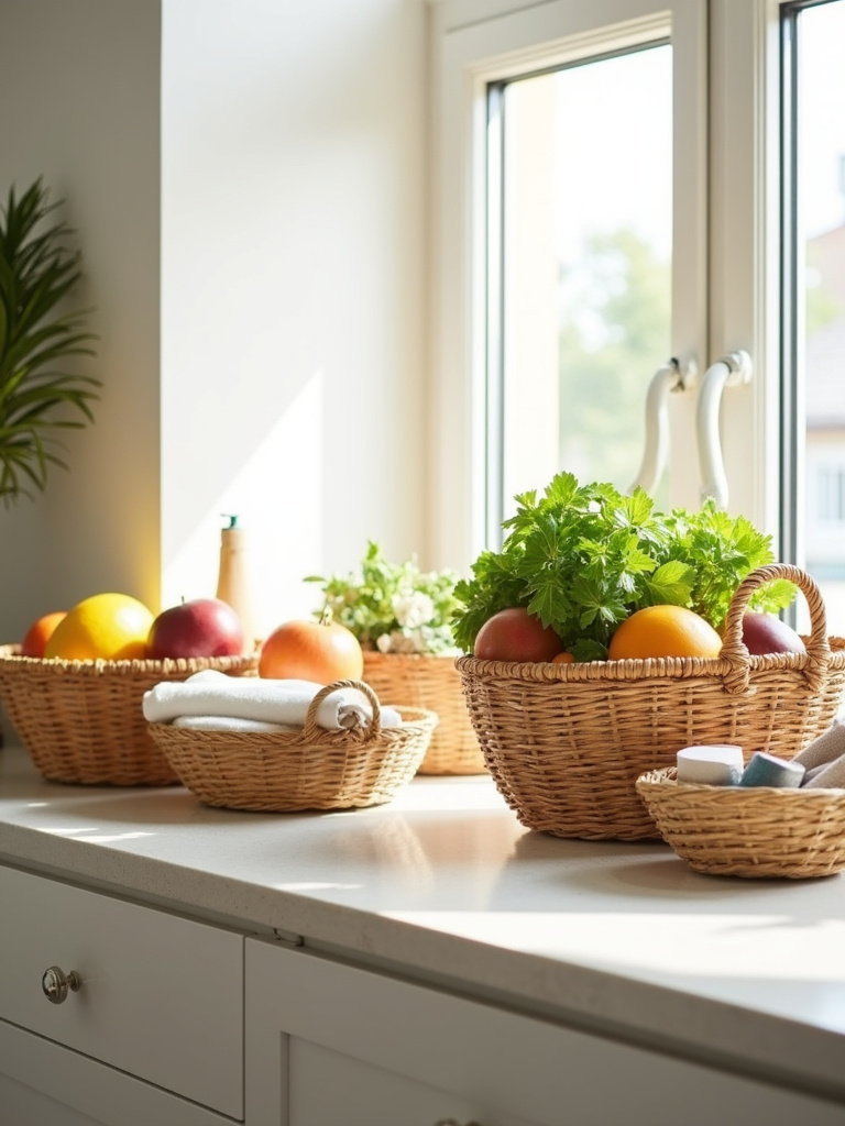 Woven baskets on kitchen countertop for stylish and concealed storage of fruits, vegetables, and dish towels in an apartment kitchen.