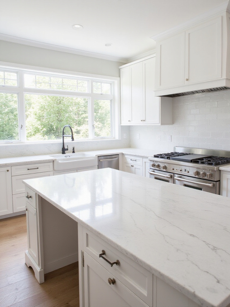 White kitchen with veined quartz countertops and waterfall island
