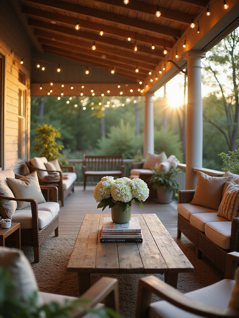 Inviting covered porch with teak coffee table, comfortable seating, and warm string lights.