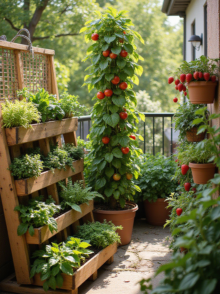 Thriving vertical vegetable garden on a sunny balcony, showcasing pallet garden, trellis with tomatoes, and hanging strawberry baskets.