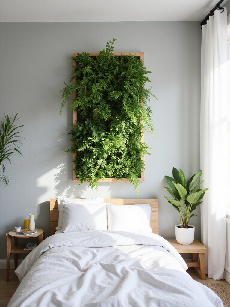 Small bedroom with vertical garden enhancing space and bringing nature indoors