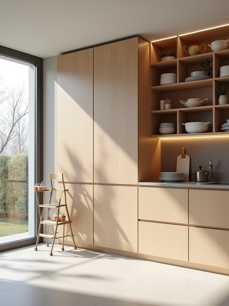 Modern kitchen with floor-to-ceiling pantry and open shelving maximizing vertical storage.