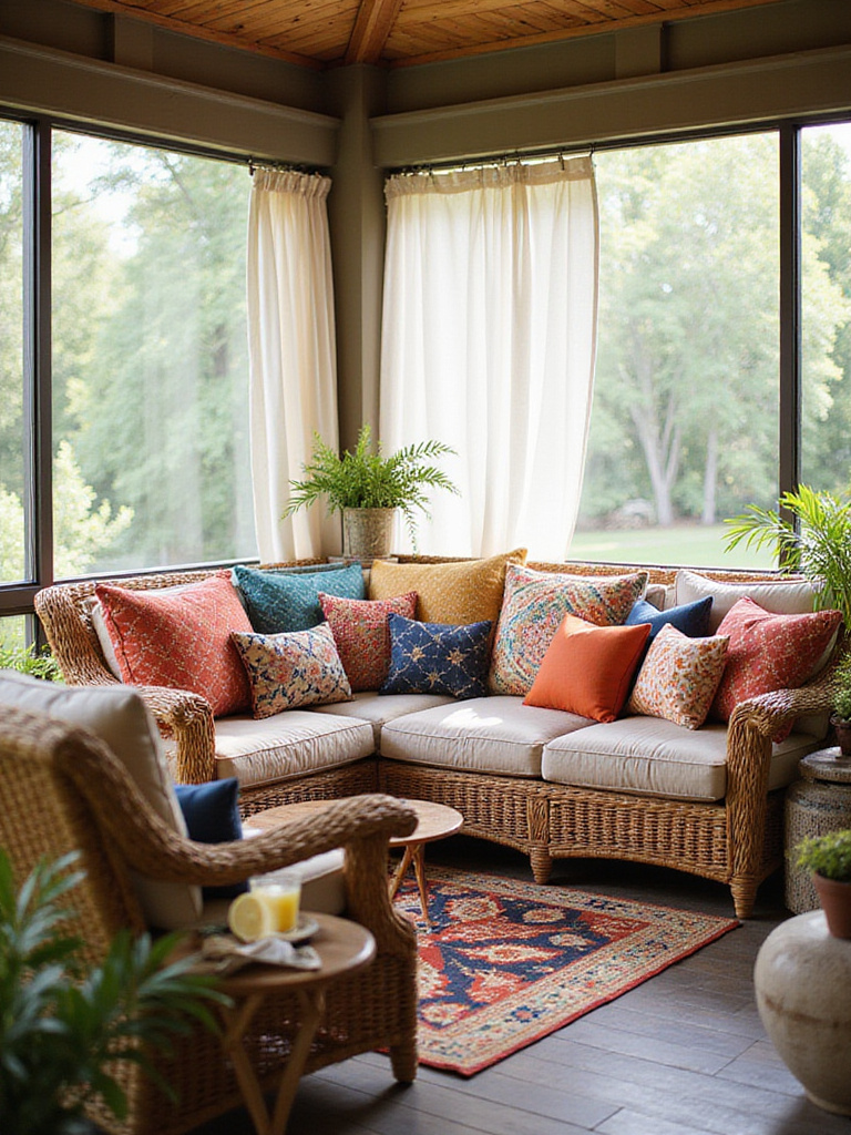 Cozy porch seating area decorated with vibrant and colorful throw pillows.