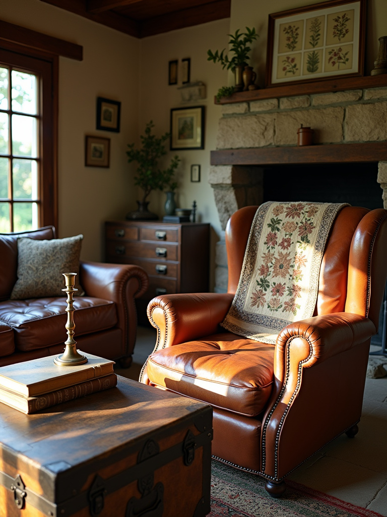 Rustic living room with vintage trunk coffee table, leather armchair, and botanical prints.
