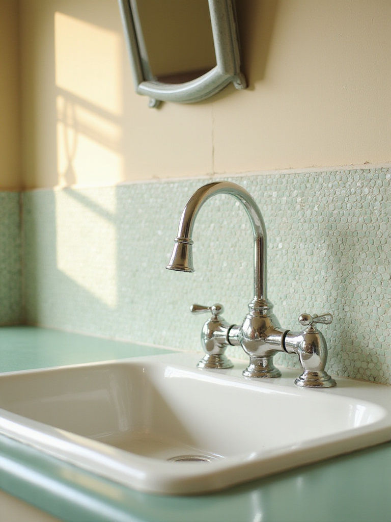 Vintage kitchen backsplash featuring white and mint green penny tiles in a geometric pattern.