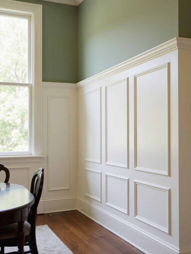 Dining room with cream-colored raised panel wainscoting and light sage green walls.