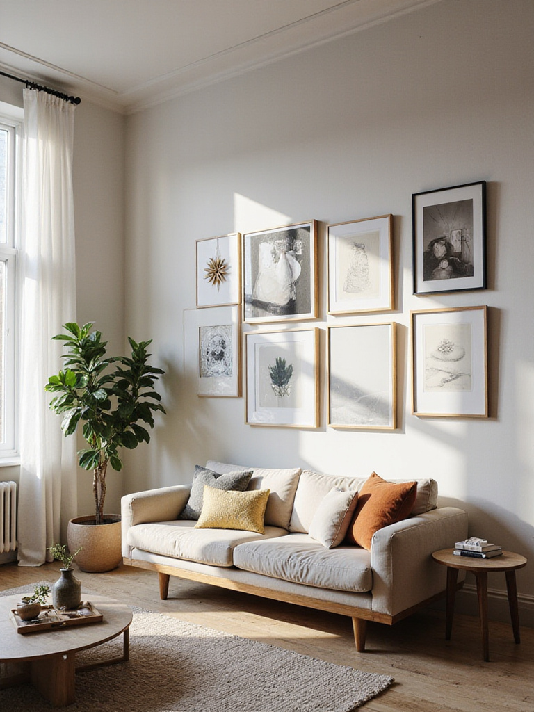 Apartment living room with gallery wall featuring abstract art and photography above a sofa.