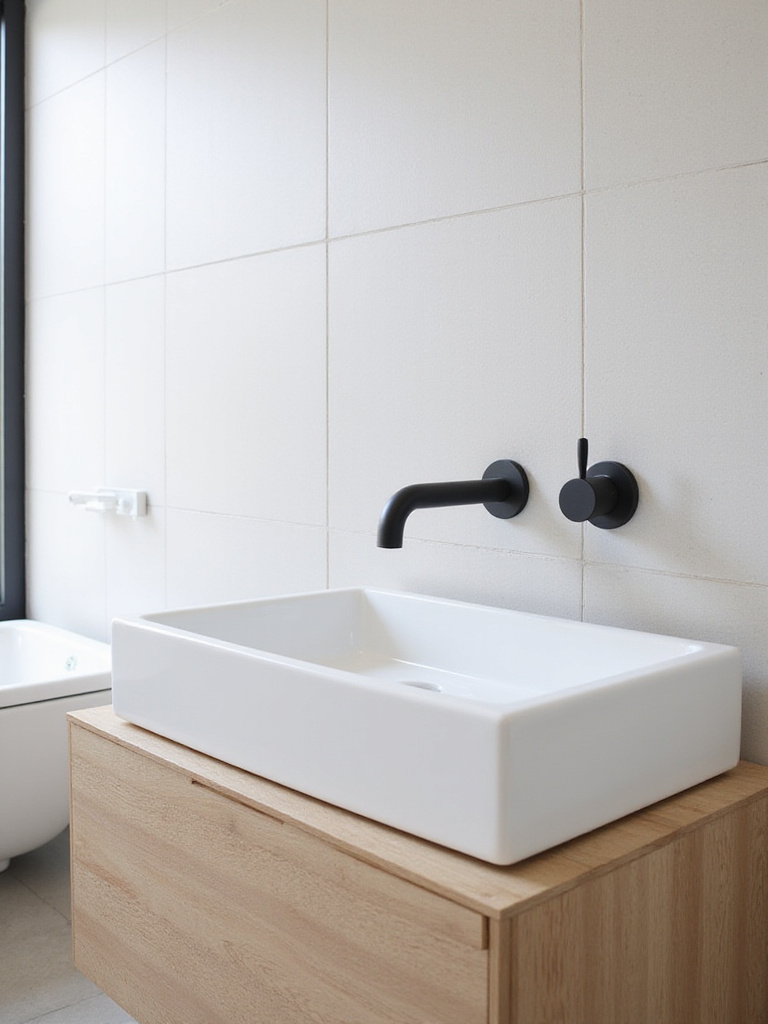 Modern bathroom with wall-mounted faucet and vessel sink, maximizing counter space.
