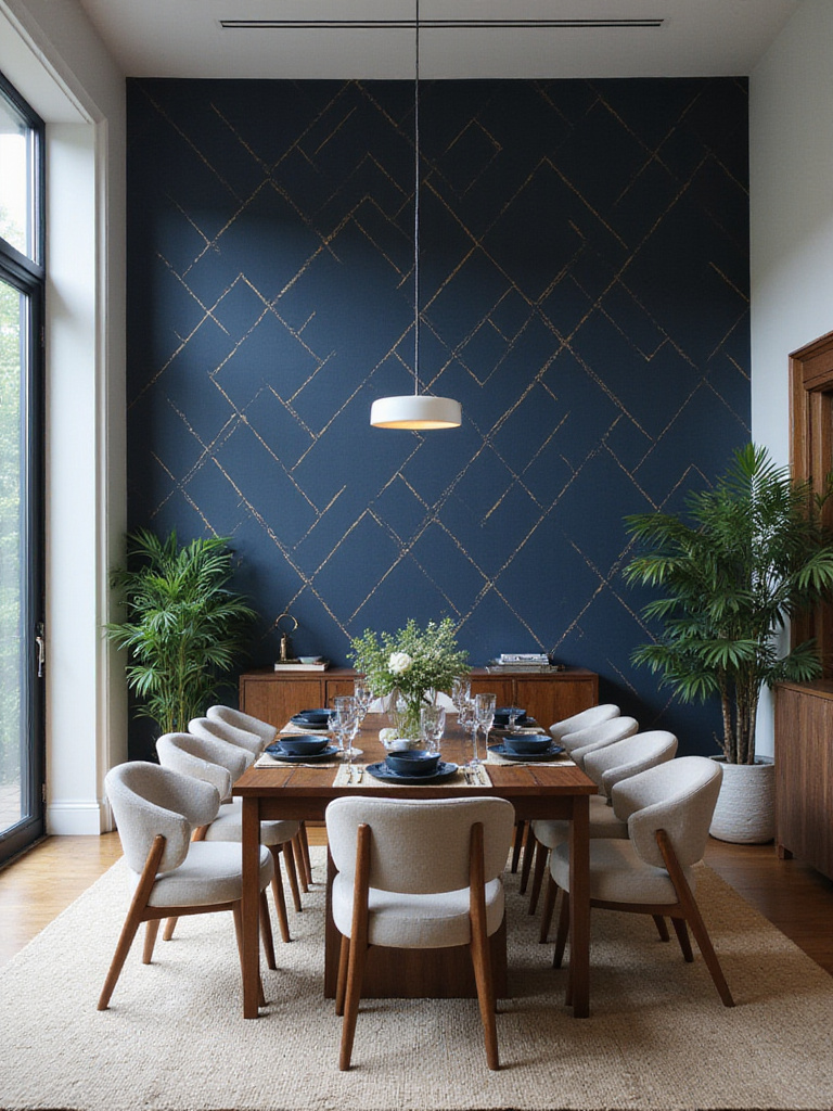 Dining room with dark blue geometric wallpaper accent wall