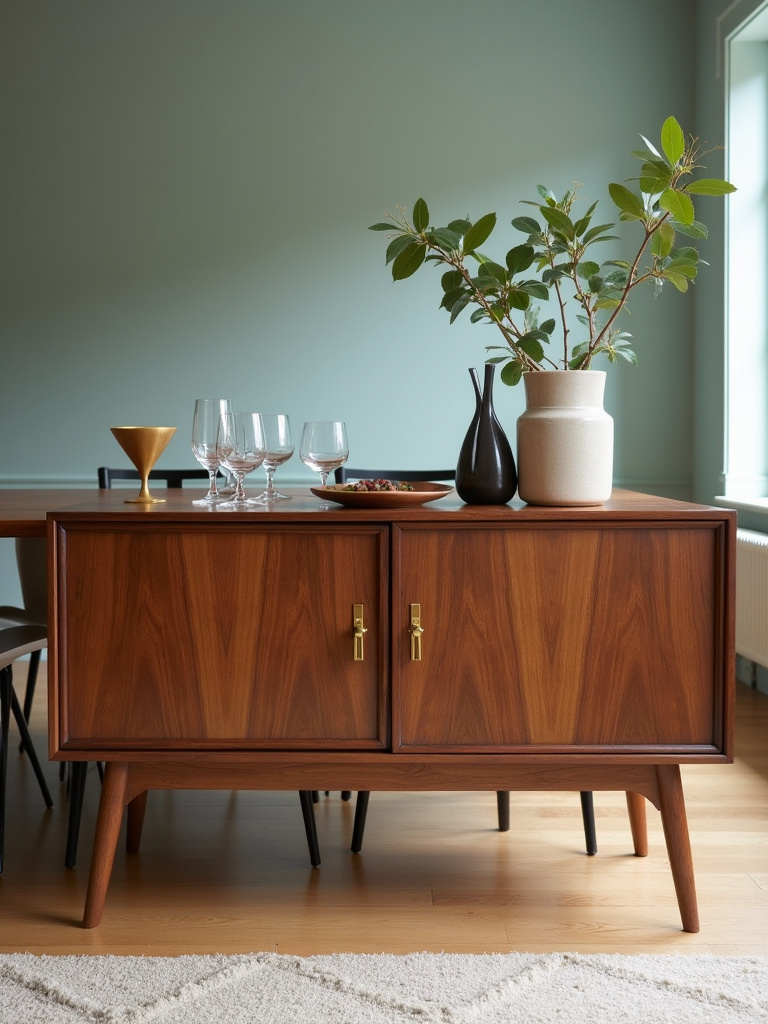 Walnut sideboard with retro flair in a contemporary dining room, showcasing storage and display space.