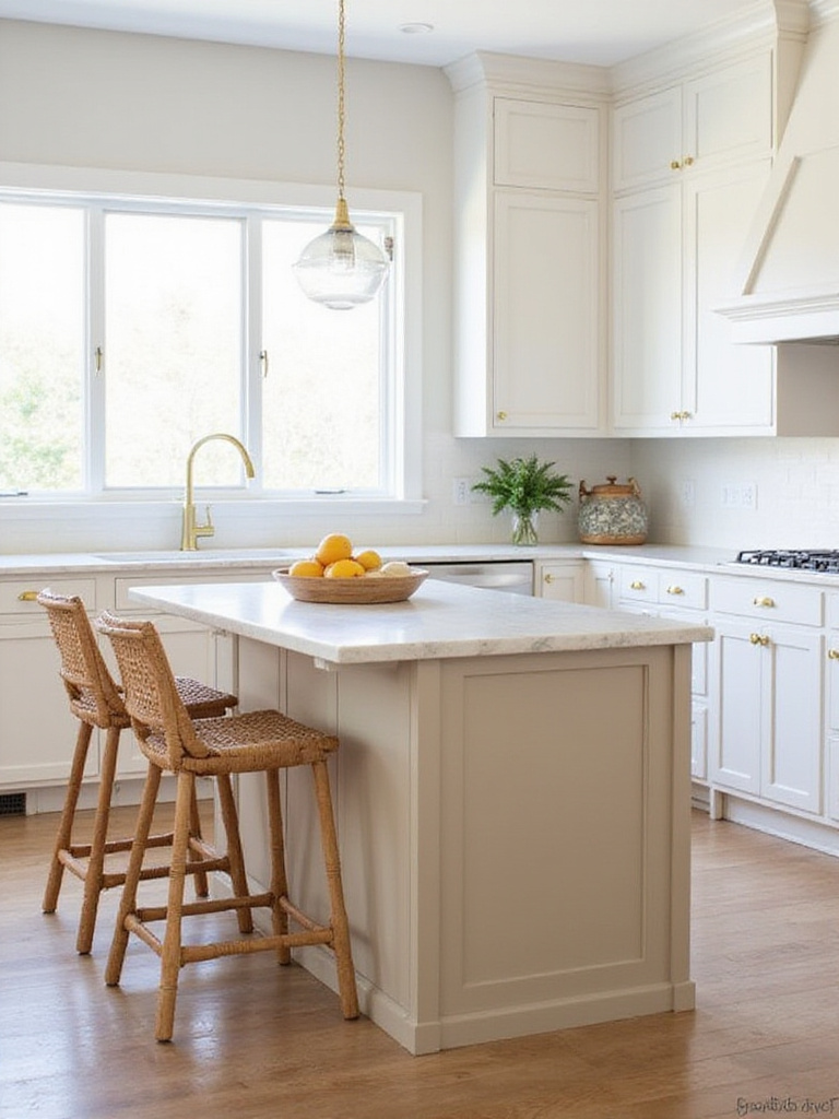 Warm beige kitchen island in a bright and airy kitchen with white cabinets and gold hardware.