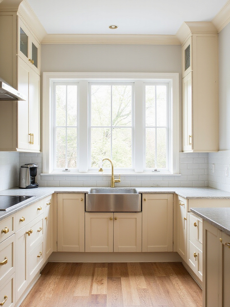 Warm cream kitchen cabinets with gold hardware and light gray quartz countertops.