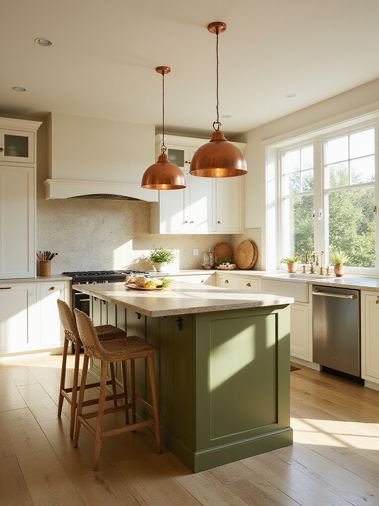 Warm olive green kitchen island with natural stone countertop and copper pendant lights.