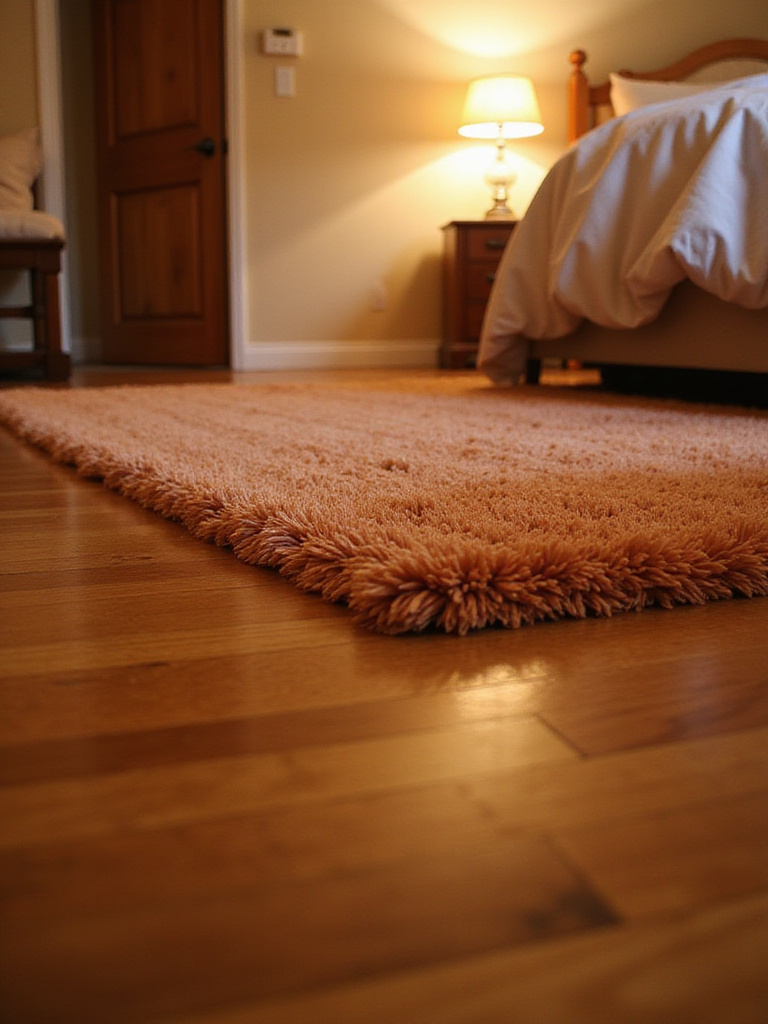 Cozy bedroom with a warm-toned, plush area rug under the bed.