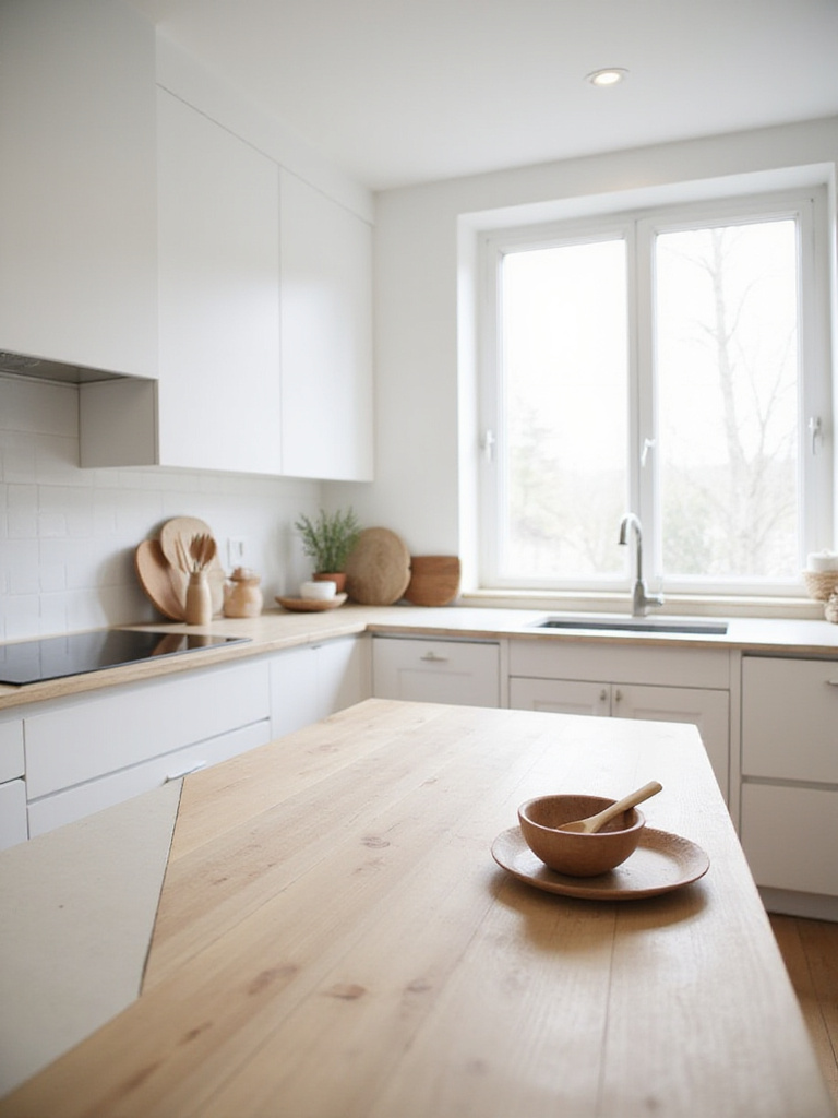Scandinavian kitchen with white cabinets and light wood butcher block island