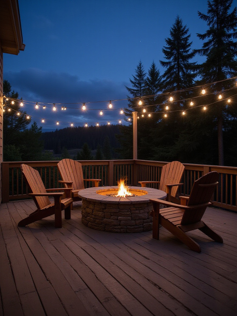 Modern deck with stone fire pit and Adirondack chairs