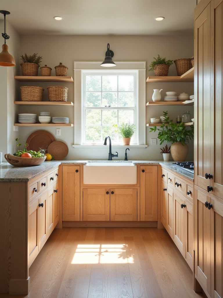 Farmhouse kitchen with natural wood cabinets showcasing beautiful wood grain