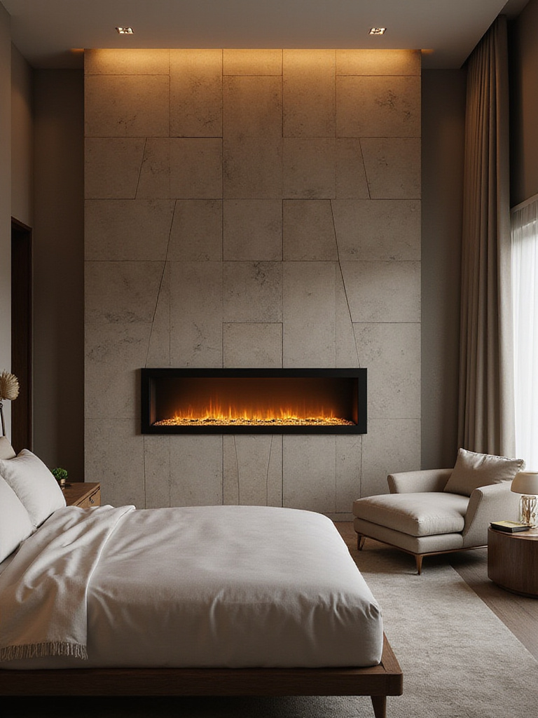 Luxury bedroom featuring a modern electric fireplace and cozy reading nook.