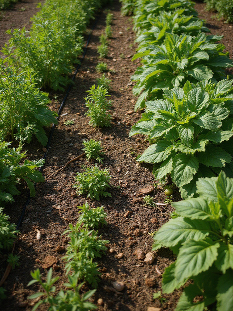 Vegetable garden with drip irrigation system, showcasing healthy plants and efficient watering techniques.