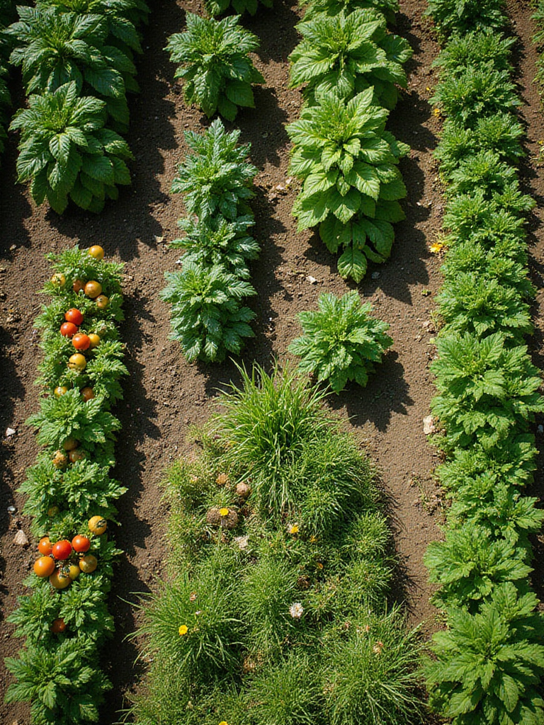 Weeds overtaking a row of vegetables in a garden, highlighting the importance of weed control.