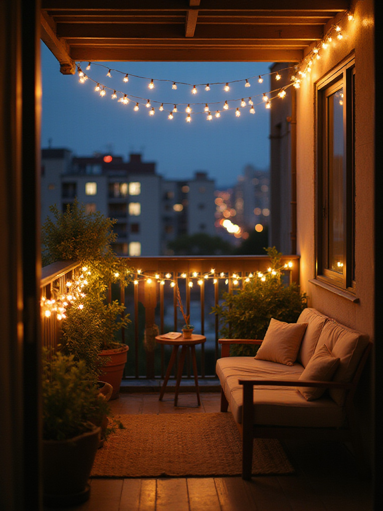 Apartment balcony decorated with fairy lights creating a dreamy and whimsical atmosphere