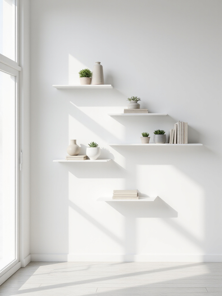 White bedroom with white floating shelves displaying neutral decor.