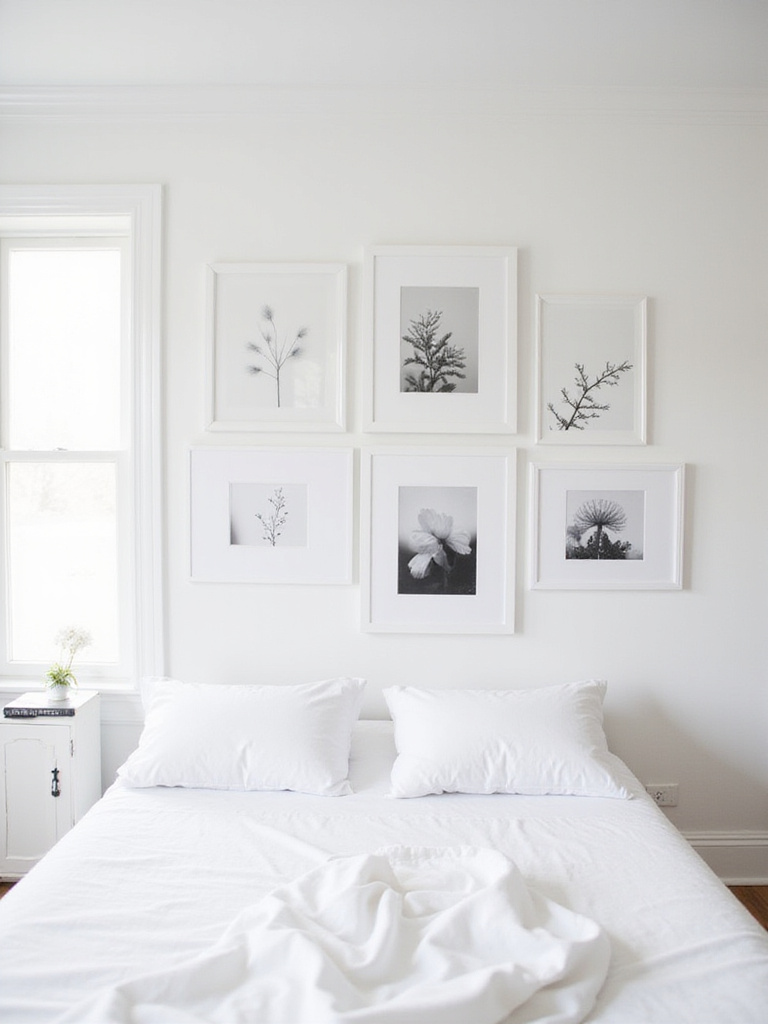 Serene white bedroom with a gallery wall of white picture frames displaying various artworks.