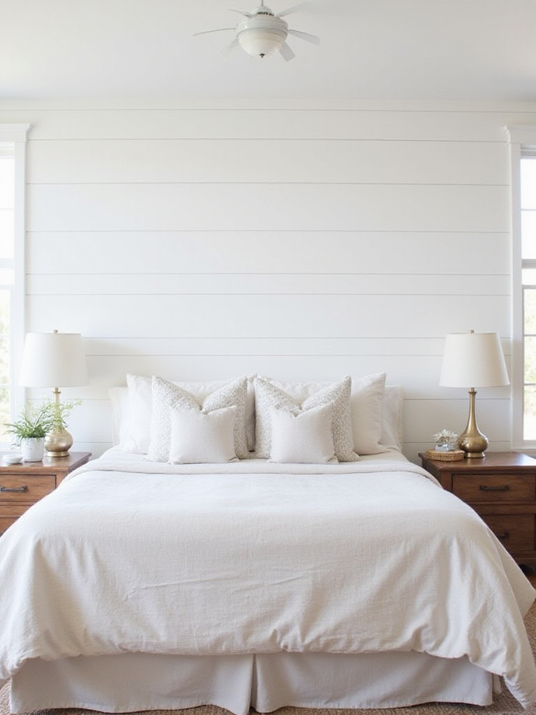 White shiplap bedroom accent wall
