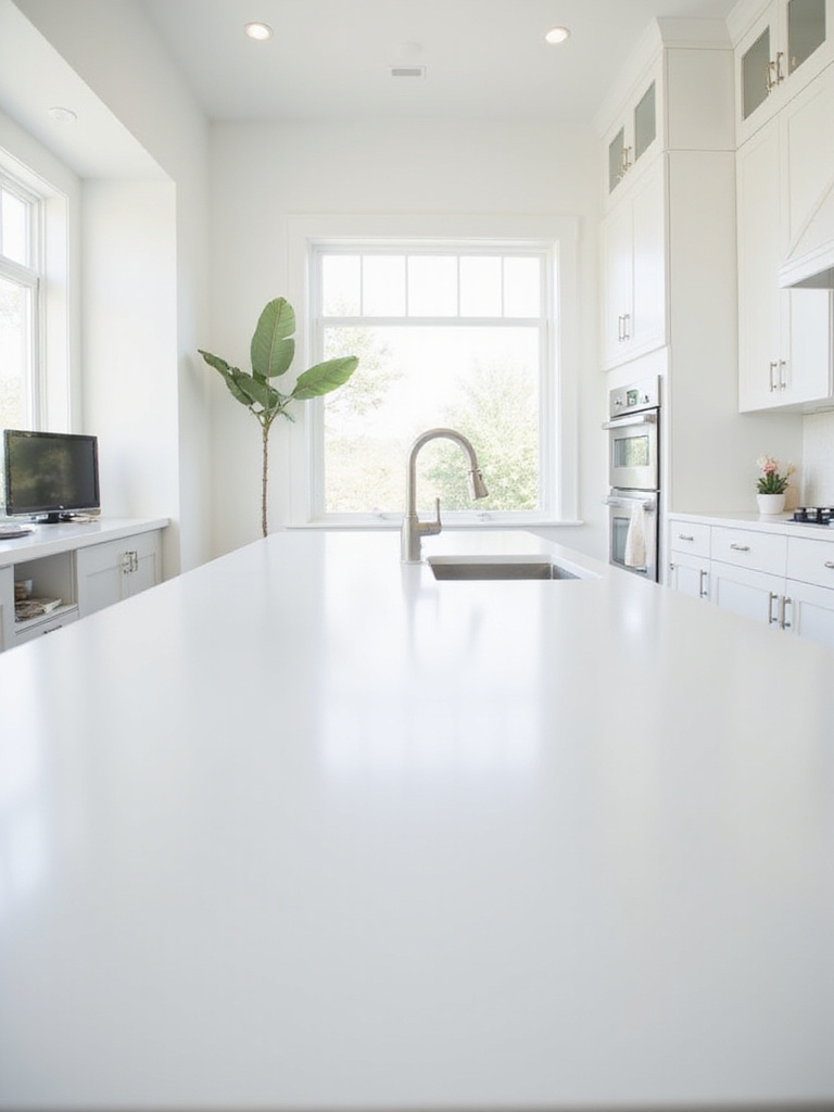 Minimalist kitchen with white cabinets and seamless white solid surface countertops