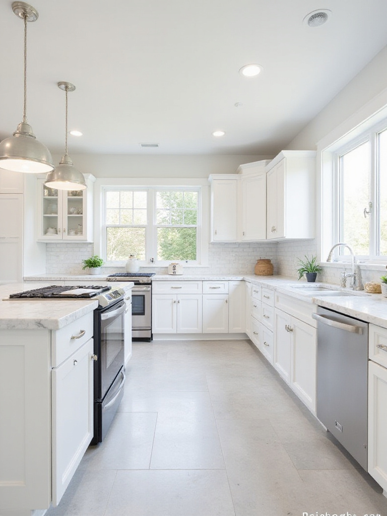 Bright white kitchen with white cabinets and white marble countertop