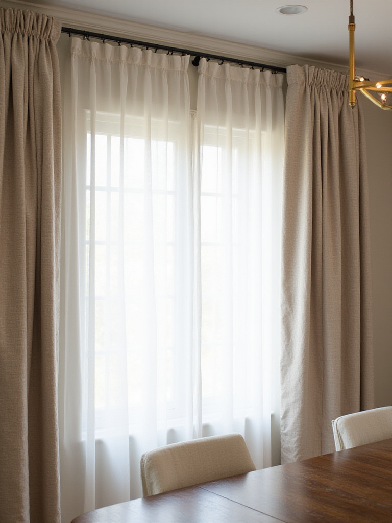 Dining room with layered window treatments: sheer curtains and linen drapes.