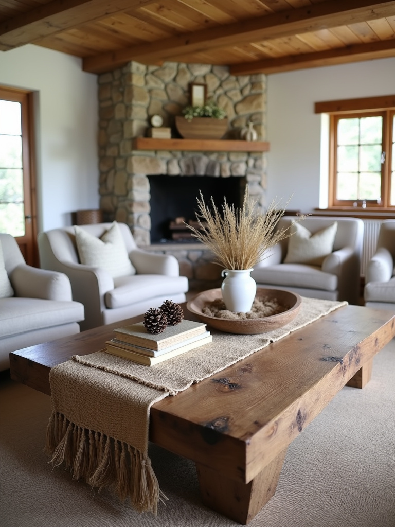 Rustic living room with reclaimed wood coffee table, linen armchairs, and stone fireplace