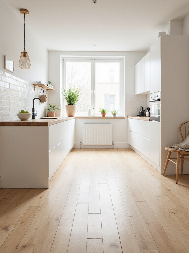 Bright Scandinavian kitchen with light wood flooring, white cabinets, and natural light.