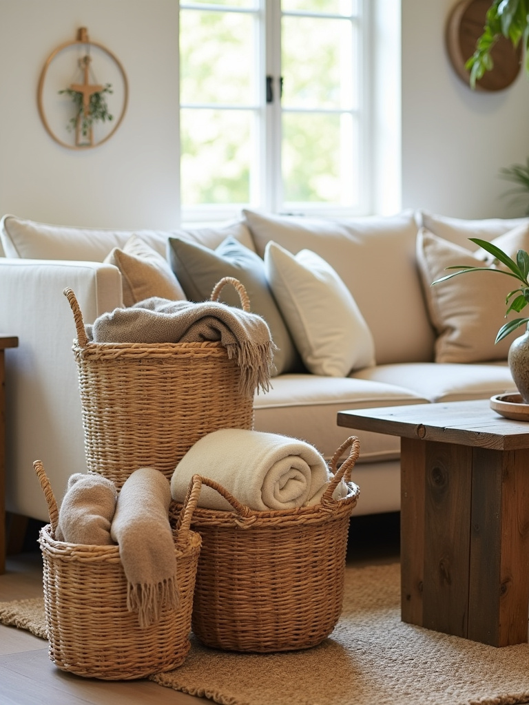 Woven baskets used for stylish and functional blanket storage in a rustic living room.