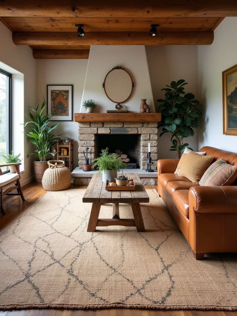 Rustic living room with natural jute rug, leather sofa, and stone fireplace
