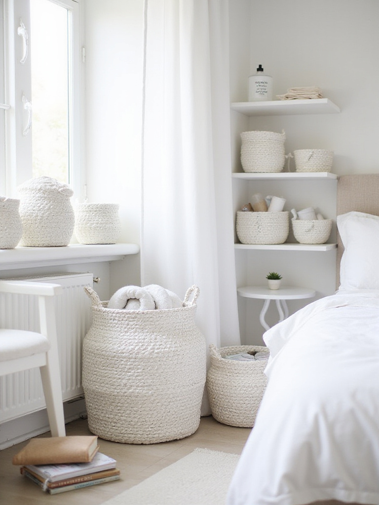White bedroom with woven white baskets for stylish storage