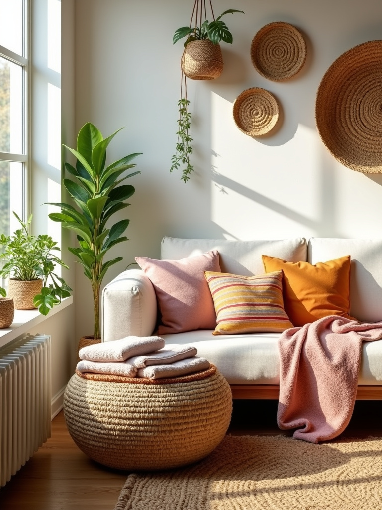 Boho living room with woven baskets for stylish and functional storage